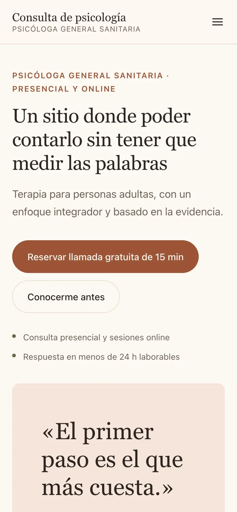 Web de una consulta de psicología vista en el móvil